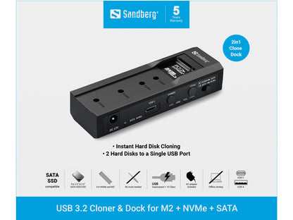 Sandberg USB 3.2 Cloner and Dock for M2 + NVMe + SATA