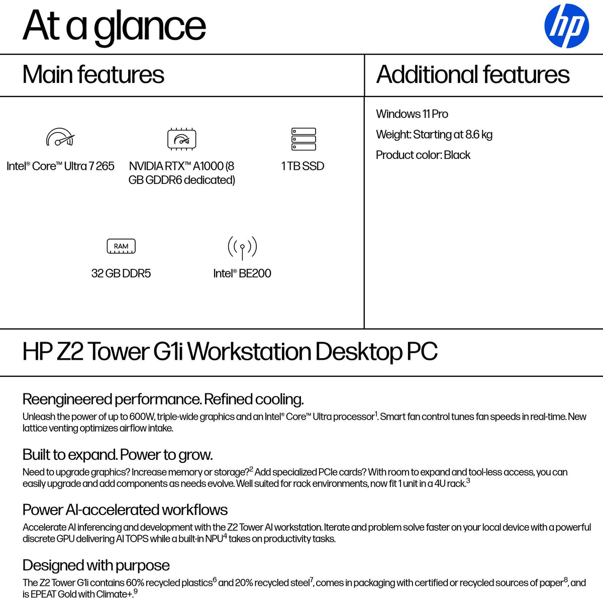 HP Z2 Tower G1i Intel Core Ultra 7 265 32 GB DDR5-SDRAM 1 TB SSD NVIDIA RTX A1000 Windows 11 Pro Workstation AI Workstation, AI PC Black