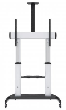 Manhattan TV & Monitor Mount, Trolley Stand, 1 screen, Screen Sizes: 60-100", Silver/Black, VESA 200x200 to 800x600mm, Max 100kg, Height adjustable 1200 to 1685mm, Camera and AV shelves, Aluminium, LFD, Lifetime Warranty