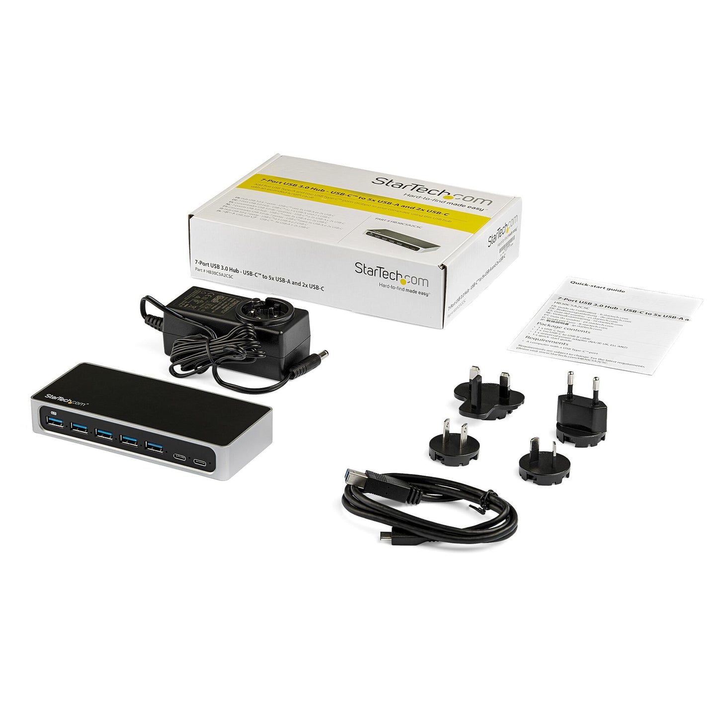 StarTech.com 7 Port USB C Hub with Fast Charge Port - USB-C to 5x USB-A 2x USB-C (USB 3.0 SuperSpeed 5Gbps) - Self Powered USB 3.2 Gen 1 Type-C Hub w/ Power Adapter - Desktop/Laptop Hub