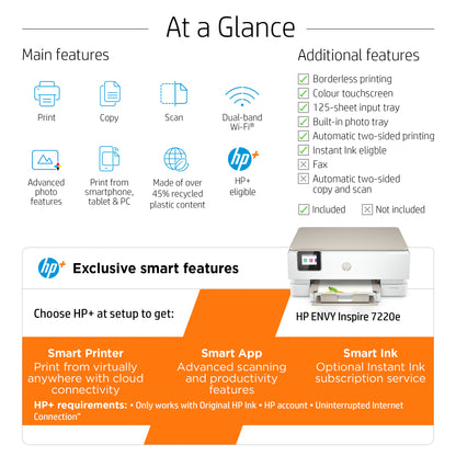 HP ENVY Inspire 7220e Wireless All-in-One Color Printer, Instant Ink; Copier, Scanner