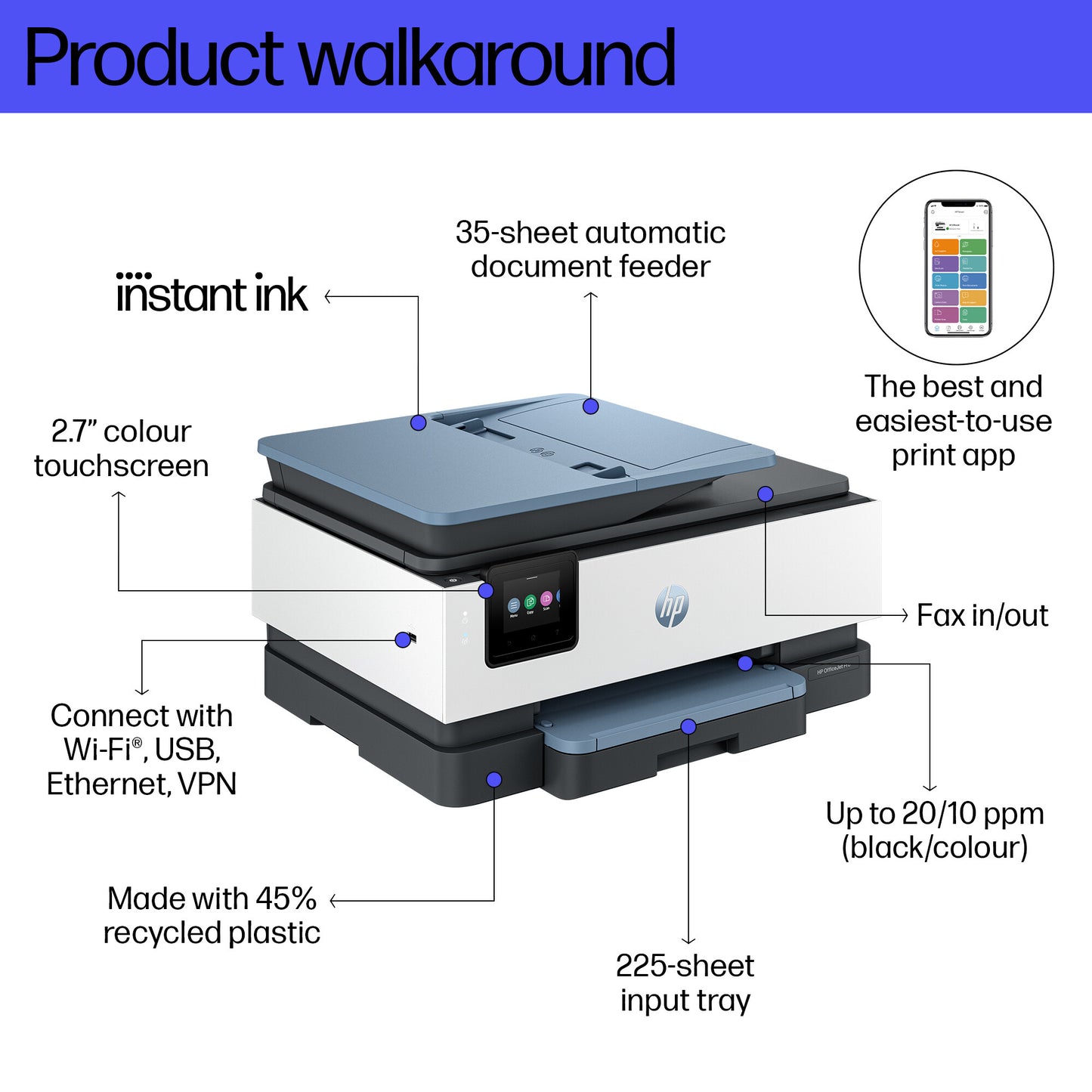 HP OfficeJet Pro 8125e Wireless All-in-One Color Printer, Instant Ink; Two-sided printing