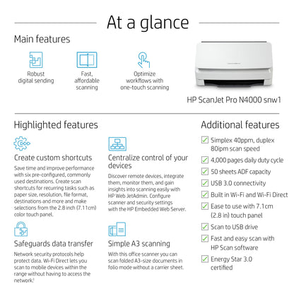 HP Scanjet Pro N4000 snw1 Sheet-feed Scanner Sheet-fed scanner 600 x 600 DPI A4 Black, White