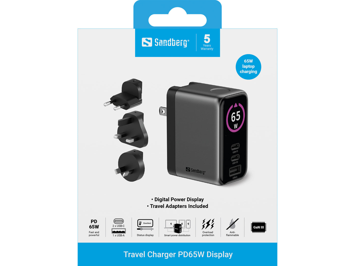 Sandberg Travel Charger PD65W Display