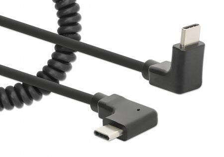 Manhattan USB-C to USB-C Charging Cable, 1m, Coiled Tangle-Resistant Design, Angled Connectors, Up to 60W Power Delivery, Ideal for Charging Cabinets/Carts, Charge Only - No Data Sync, Black, Lifetime Warranty