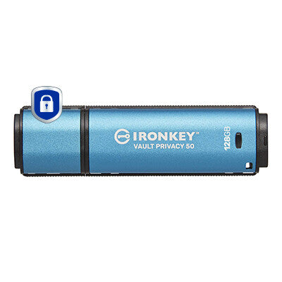 Kingston Technology IronKey 128GB Vault Privacy 50 AES-256 Encrypted, FIPS 197 USB flash drive, USB 3.2 Gen 1 (3.1 Gen 1), black and blue
