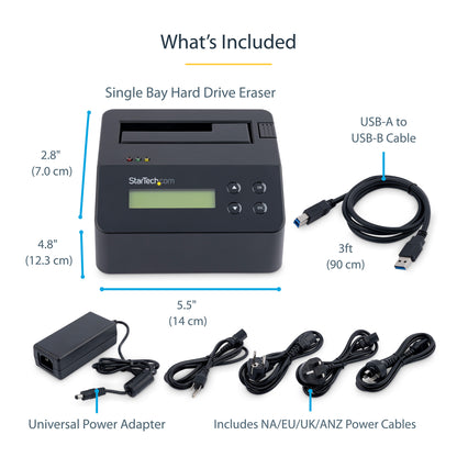 StarTech.com Single Bay Hard Drive Eraser, Standalone HDD/SSD Sanitizer, 4Kn, USB 3.0 to SATA III (6 Gbps), 9 Erase Modes, LCD Display, Secure Erase Hard Disk Sanitizer Dock, DB-9 Printer Port, TAA Compliant