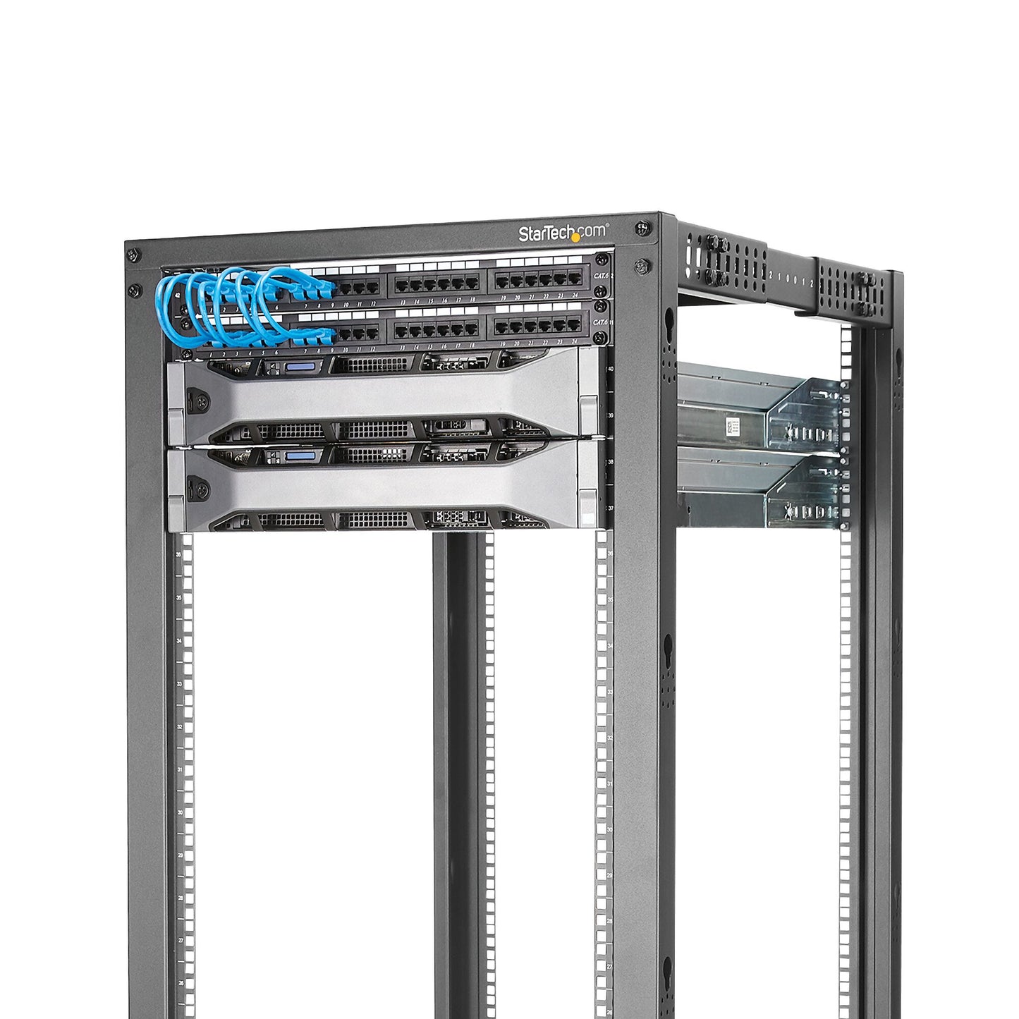 StarTech.com 4-Post 42U Mobile Open Frame Server Rack, Four Post 19" Network Rack with Wheels, Rolling Rack with Adjustable Depth for Computer/AV/Data/IT Equipment - Casters, Leveling Feet or Floor Mounting