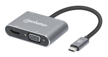 Manhattan USB-C Dock/Hub, Ports (x4): HDMI, USB-A, USB-C and VGA, with Power Delivery (PD) 87W- requires external USB-C charger (not included). USB powered (no external power supply required) when PD is not in use, Aluminium