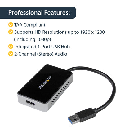 StarTech.com USB 3.0 to HDMI Adapter w/ 1x USB, USB to HDMI Monitor Converter for Windows (no support for macOS/ChromeOS/Linux) - TAA