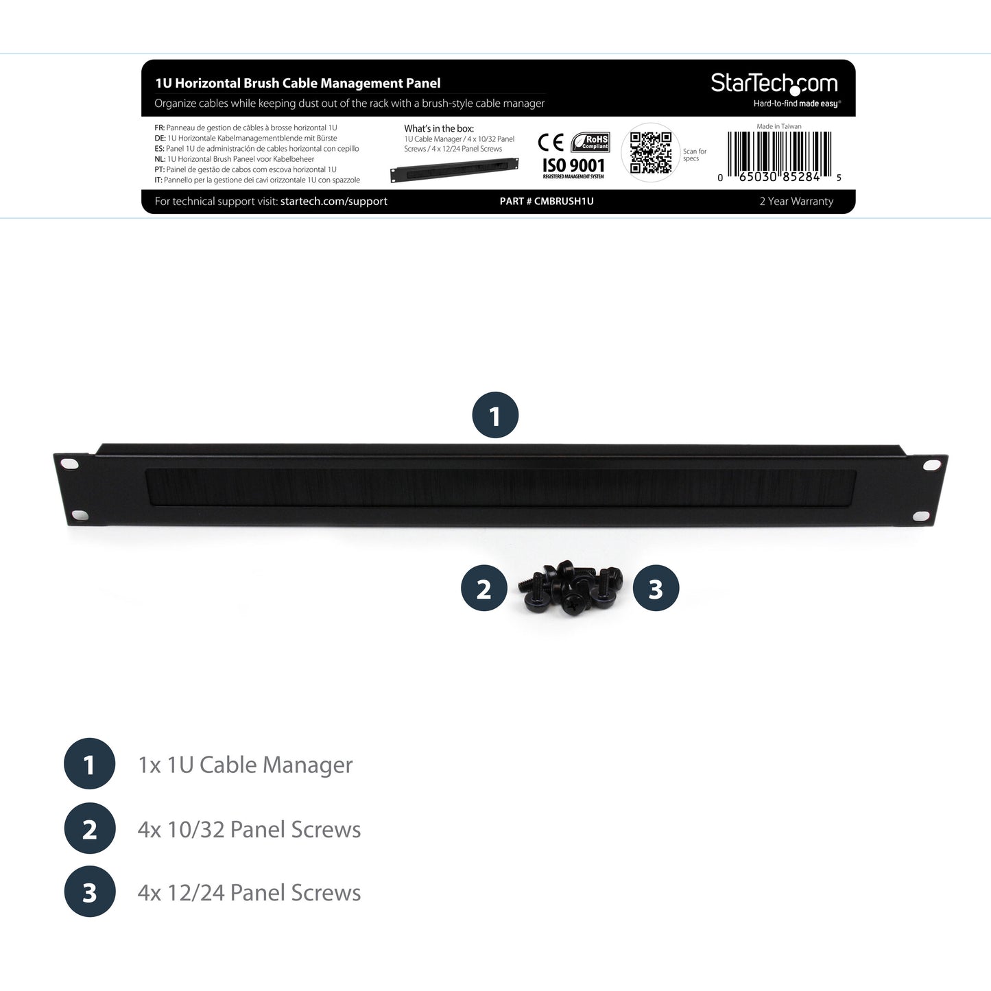 StarTech.com 1U High-density Brush Strip Cable Management Panel, Sturdy Steel Horizontal Data Centre Cable Organizer