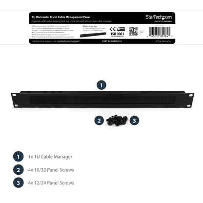 StarTech.com 1U High-density Brush Strip Cable Management Panel, Sturdy Steel Horizontal Data Centre Cable Organizer