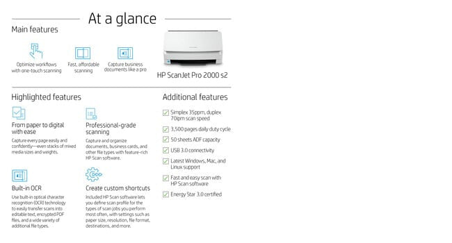 HP Scanjet Pro 2000 s2 Sheet-feed Scanner Sheet-fed scanner 600 x 600 DPI A4 Black, White