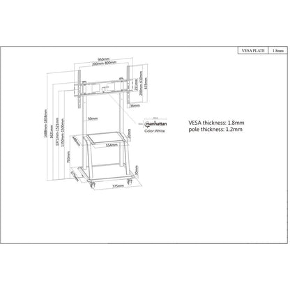 Manhattan Trolley Mount Stand for TV & Monitors, For screens 37" to 100", VESA compatibility: all between 200x200 to 800x600mm - check the dimensions of the four mounting holes on back of screen to ensure it fits, Max 150kg, Black, LFD, Stand, Bracket