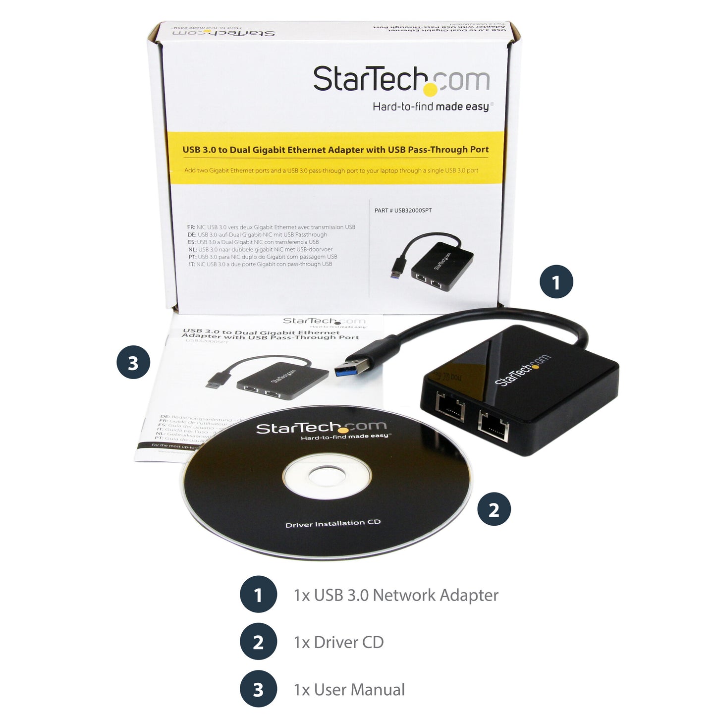 StarTech.com USB 3.0 to Dual Port Gigabit Ethernet Adapter w/ USB Port, 10/100/1000 Mbps, USB Gigabit LAN Network NIC Adapter