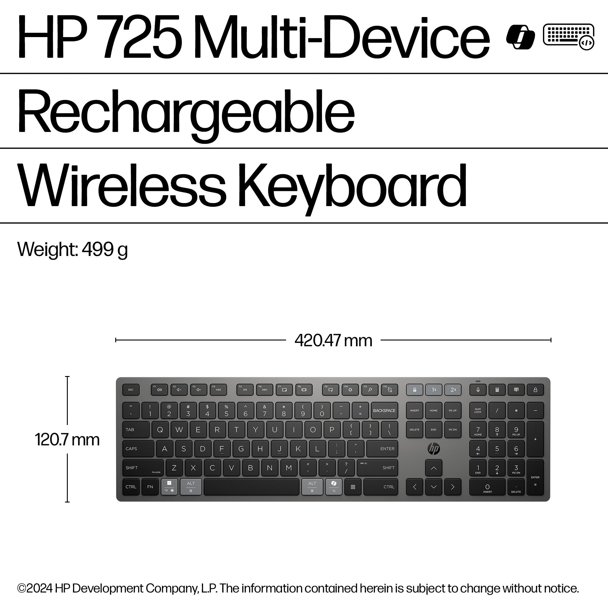 HP 725 Multi-Device Rechargeable Wireless Keyboard