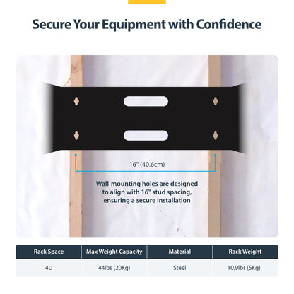 StarTech.com 4U Wall Mount Network Rack - 14 Inch Deep (Low Profile) - 19" Patch Panel Bracket for Shallow Server and IT Equipment, Network Switches - 44lbs/20kg Weight Capacity, Black