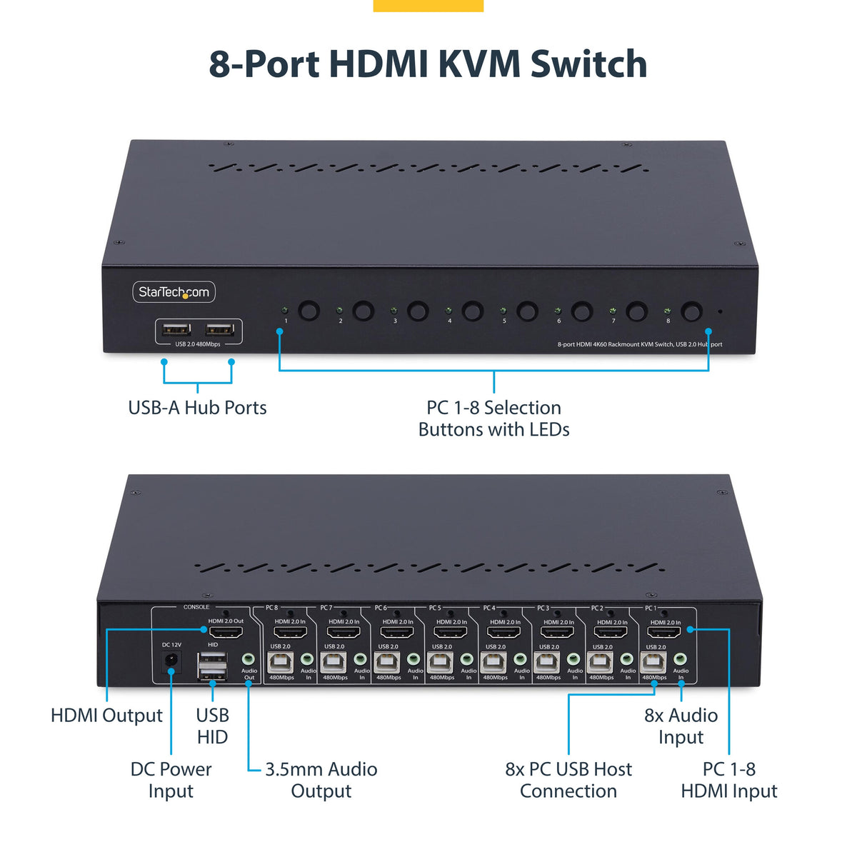 StarTech.com 8-Port HDMI KVM Switch with 1U Rack Mount Kit, 4K 60Hz HDMI 2.0, Push-Button & Hotkey Switching, 4-Port USB Hub, OS Independent, TAA Compliant