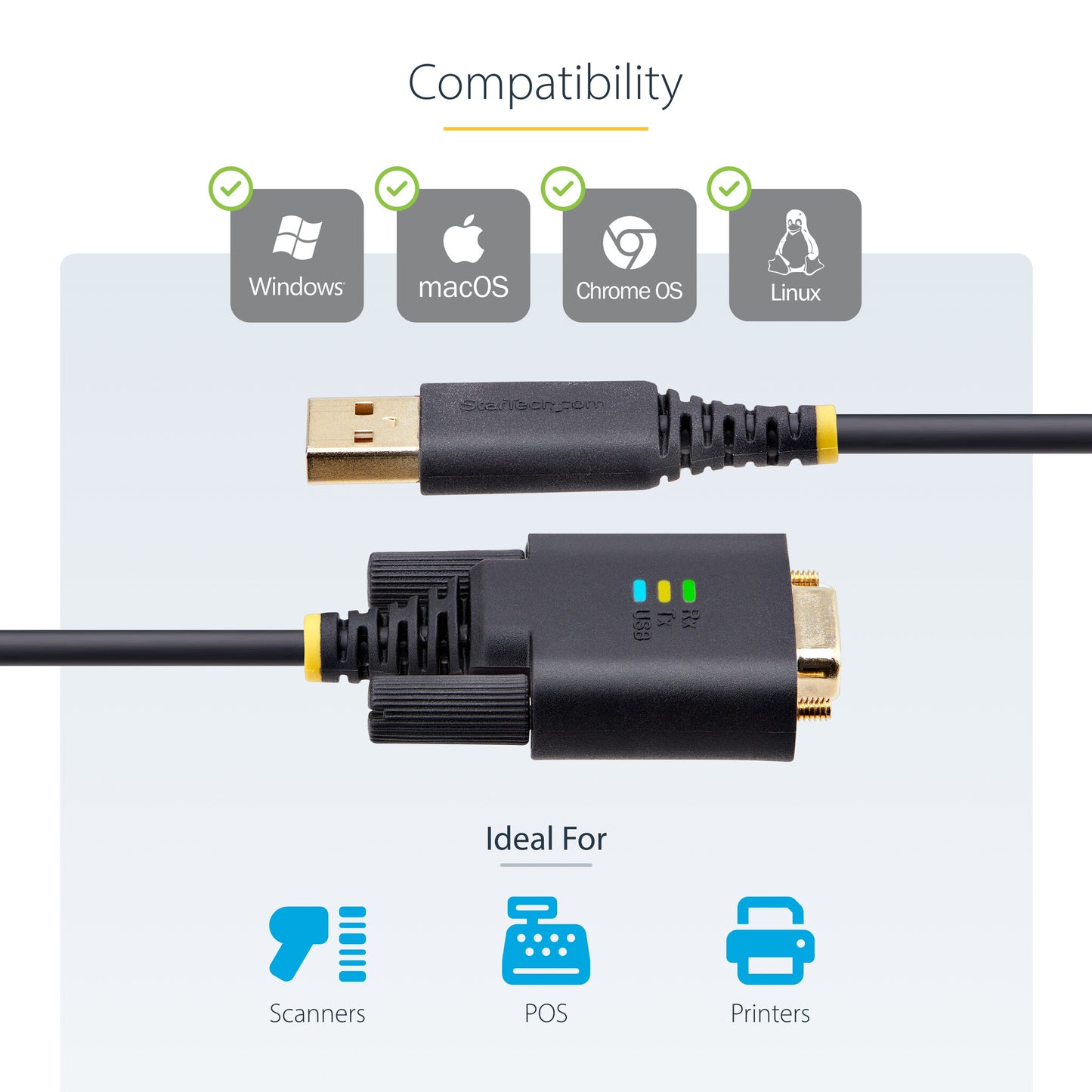 StarTech.com 3.3ft (1m) USB to Serial Adapter Cable, COM Retention, Interchangeable Screws/Nuts, USB-A to DB9 RS232, FTDI IC, ESD Protection, Windows/macOS/Linux