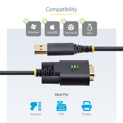 StarTech.com 6.6ft (2m) USB to Serial Adapter Cable, COM Retention, Interchangeable Screws/Nuts, USB-A to DB9 RS232, FTDI IC, ESD Protection, Windows/macOS/Linux