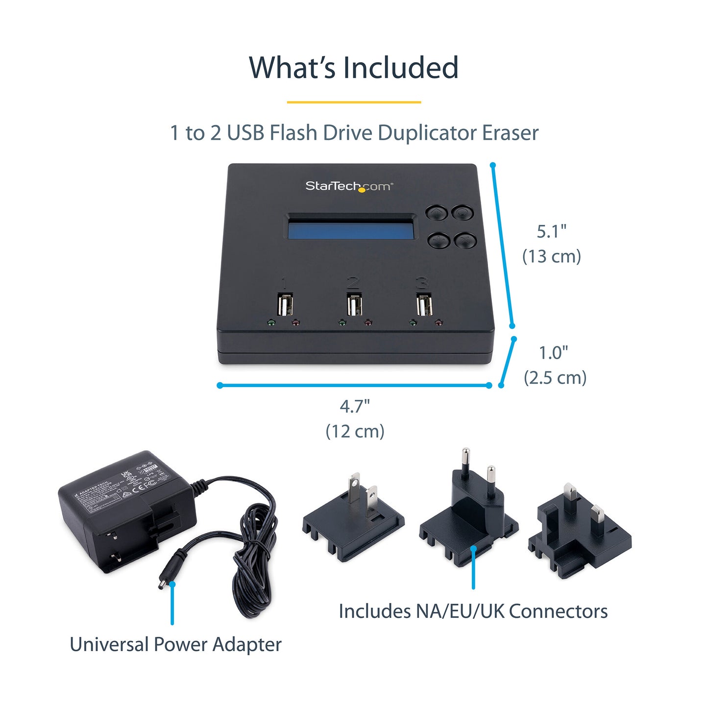 StarTech.com Standalone 1 to 2 USB Thumb Drive Duplicator and Eraser, Multiple USB Flash Drive Copier, System and File and Whole-Drive Copy at 1.5 GB/min, Single and 3-Pass Erase, LCD Display - TAA