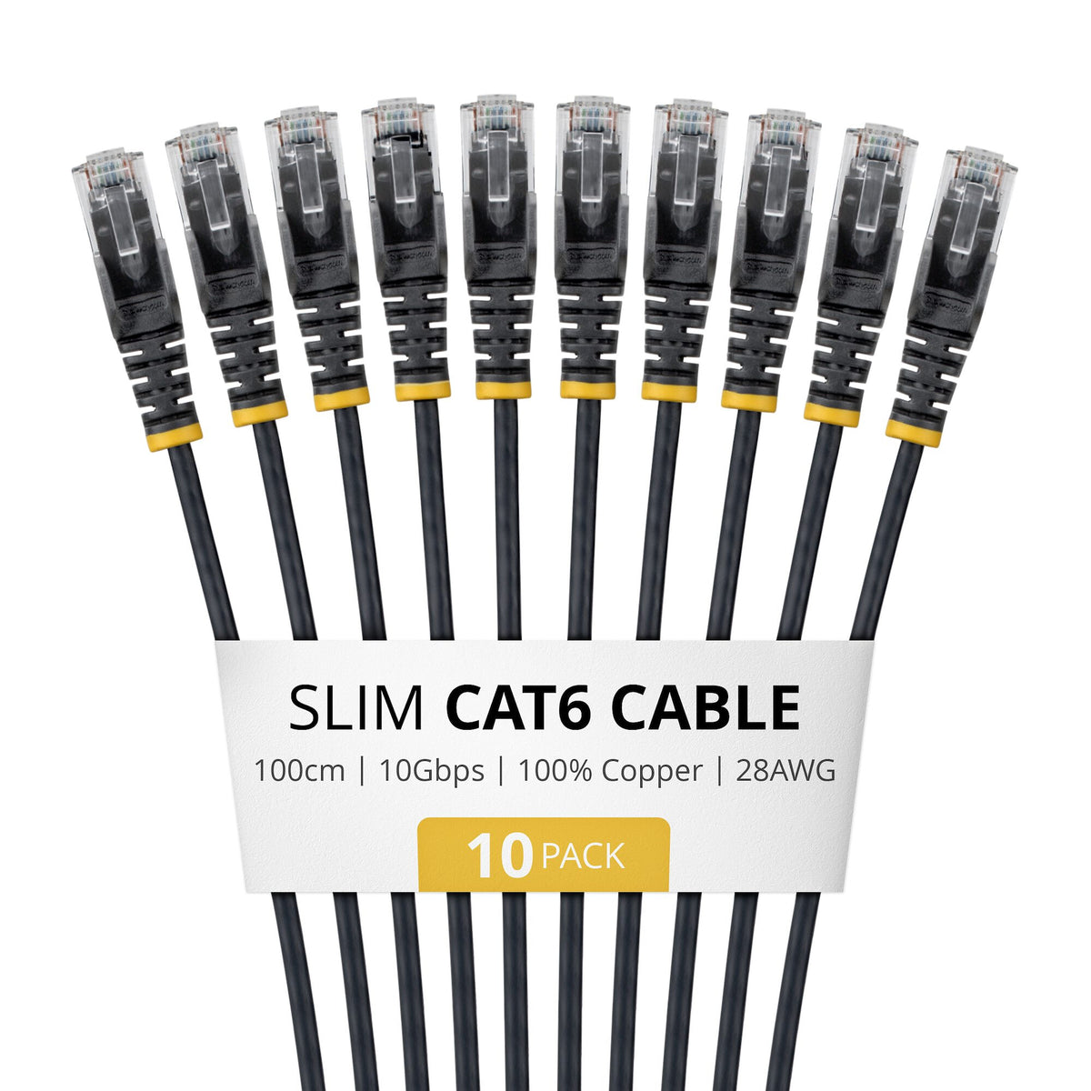 StarTech.com 1m Black Slim CAT6 Cable, 10 Pack, Snagless, 100W PoE, UTP, LSZH, 28AWG Pure Bare Copper Wire, Slim RJ45 Network Patch Cord w/Strain Reliefs, Individually Tested