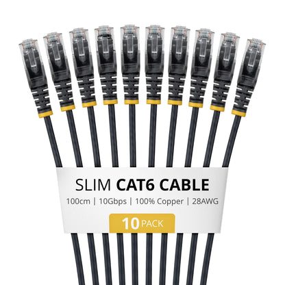 StarTech.com 1m Black Slim CAT6 Cable, 10 Pack, Snagless, 100W PoE, UTP, LSZH, 28AWG Pure Bare Copper Wire, Slim RJ45 Network Patch Cord w/Strain Reliefs, Individually Tested