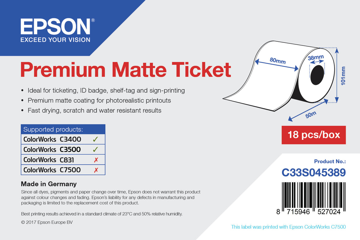 Epson Premium Matte Ticket - Roll: 80mm x 50 m