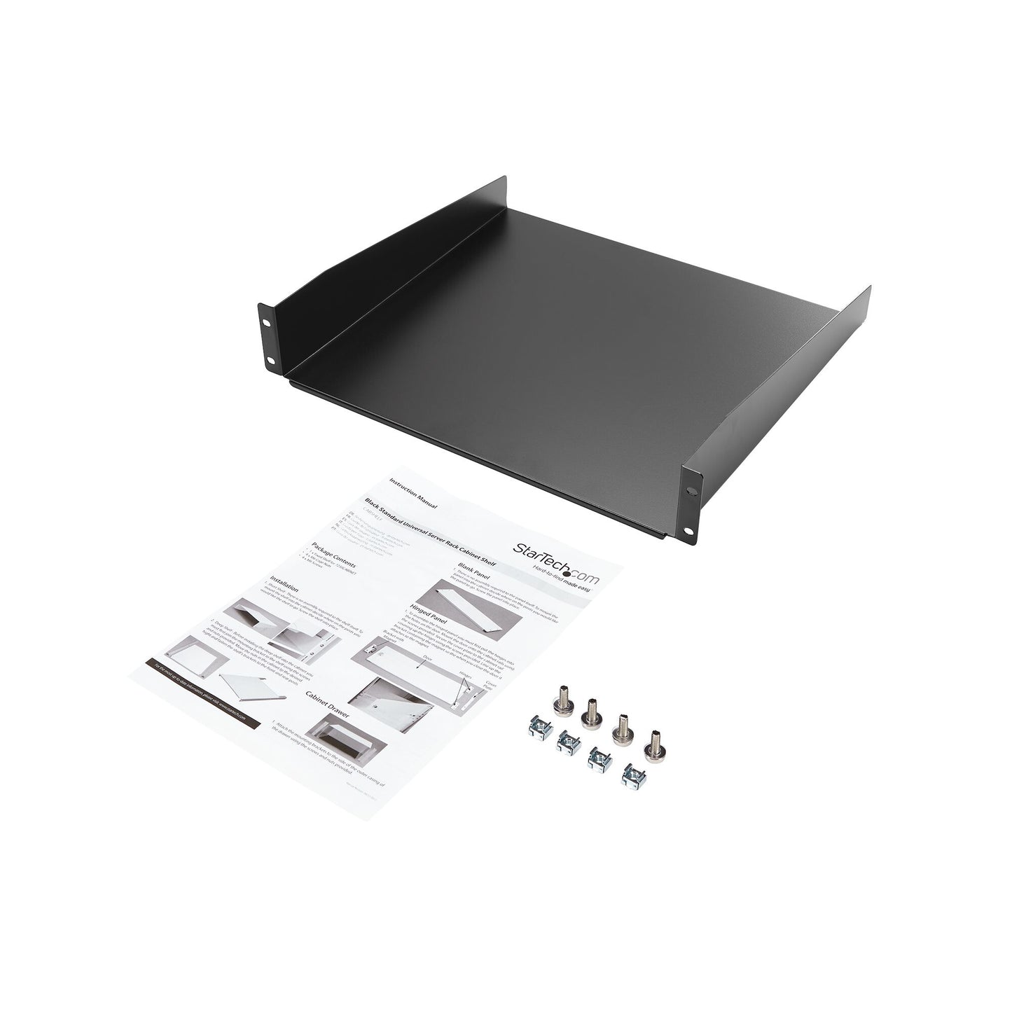 StarTech.com 2U Server Rack Shelf - Universal Rack Mount Cantilever Shelf for 19" Network Equipment Rack & Cabinet - Heavy Duty Steel – Weight Capacity 44lb/20kg - 16" Deep Tray, Black