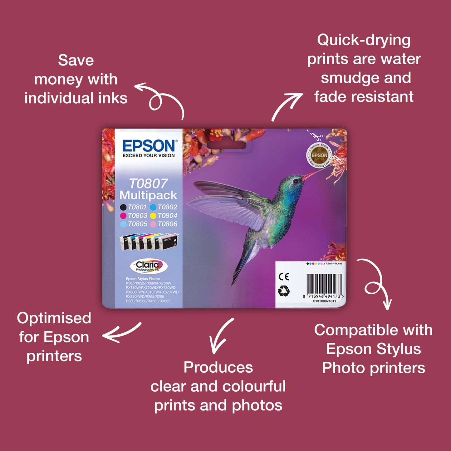 Epson Hummingbird Multipack 6-colours T0807 Claria Photographic Ink