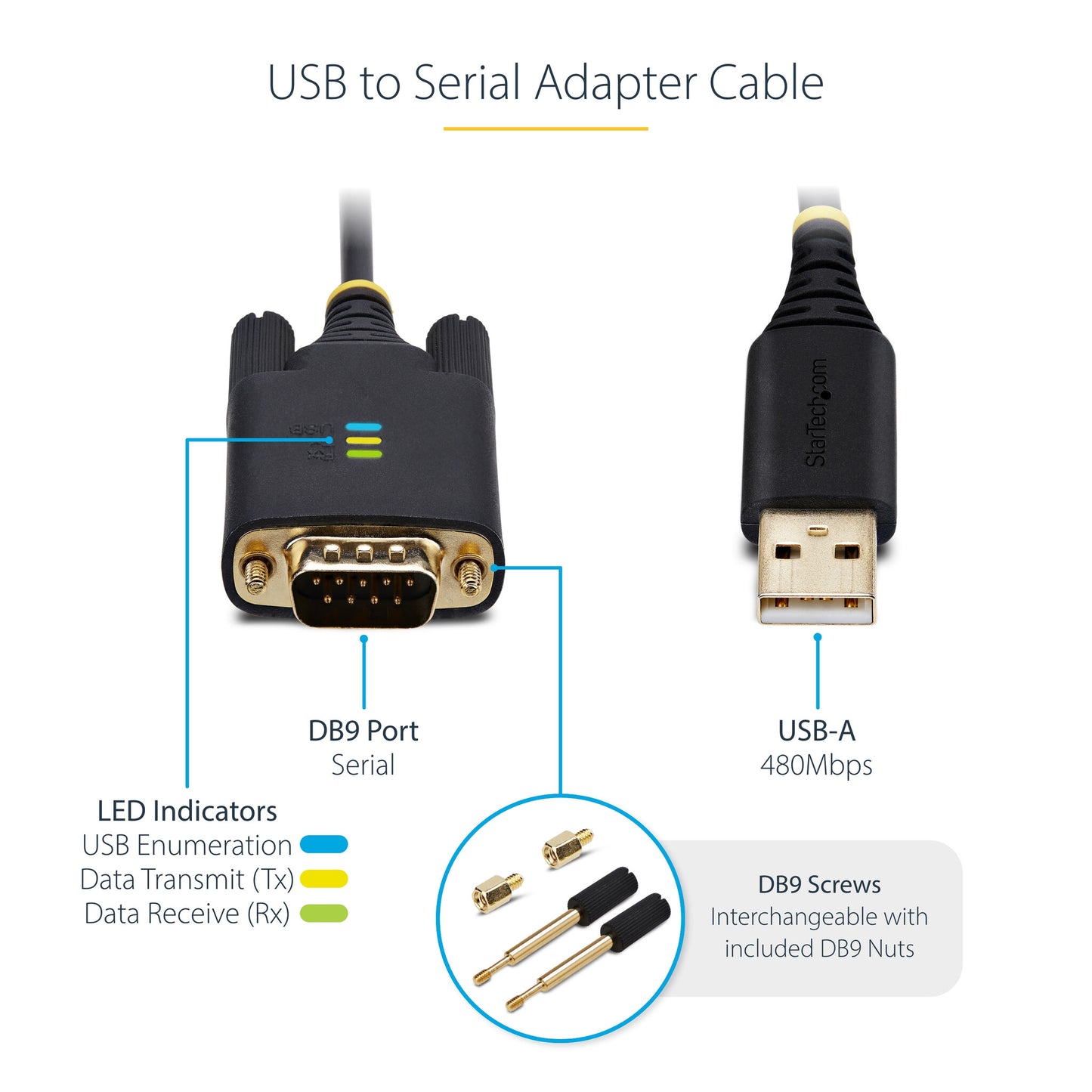 StarTech.com 3.3ft (1m) USB to Serial Adapter Cable, COM Retention, Interchangeable Screws/Nuts, USB-A to DB9 RS232, FTDI IC, ESD Protection, Windows/macOS/Linux