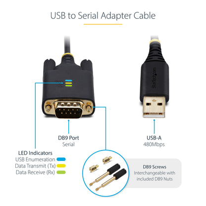 StarTech.com 3.3ft (1m) USB to Serial Adapter Cable, COM Retention, Interchangeable Screws/Nuts, USB-A to DB9 RS232, FTDI IC, ESD Protection, Windows/macOS/Linux