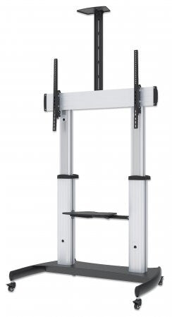 Manhattan TV & Monitor Mount, Trolley Stand, 1 screen, Screen Sizes: 60-100", Silver/Black, VESA 200x200 to 800x600mm, Max 100kg, Height adjustable 1200 to 1685mm, Camera and AV shelves, Aluminium, LFD, Lifetime Warranty