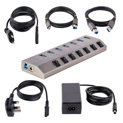 StarTech.com 7 Port Self-Powered USB C Hub with Individual On/Off Switches, USB 3.0 (5Gbps) Expansion Hub with Power Supply, Desktop Laptop USB-C to USB-A Splitter
