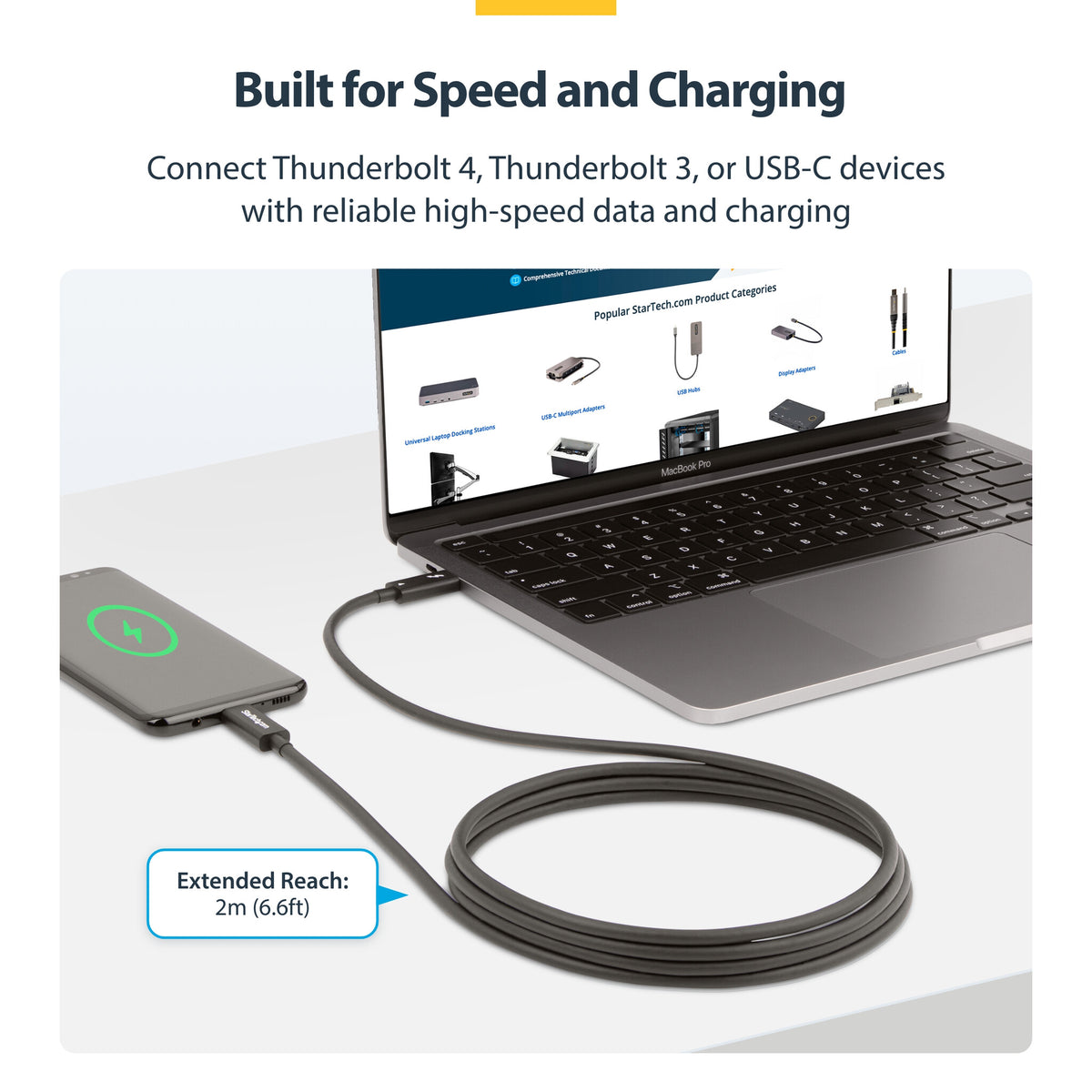 StarTech.com 6.6ft (2m) Active Thunderbolt 4 Cable, 40Gbps, 100W Power Delivery, 4K/8K Video, Intel-Certified Thunderbolt Cable - Compatible w/ USB4/Thunderbolt 4/ USB 3.2/ USB Type-C/DisplayPort/Thunderbolt 3