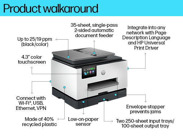 HP OfficeJet Pro 9130b Wireless All-in-One Color Printer, Two-sided printing; Copier, Scanner