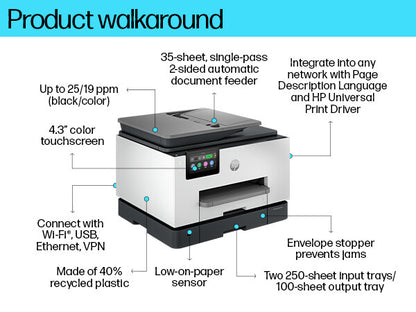 HP OfficeJet Pro 9130b Wireless All-in-One Color Printer, Two-sided printing; Copier, Scanner