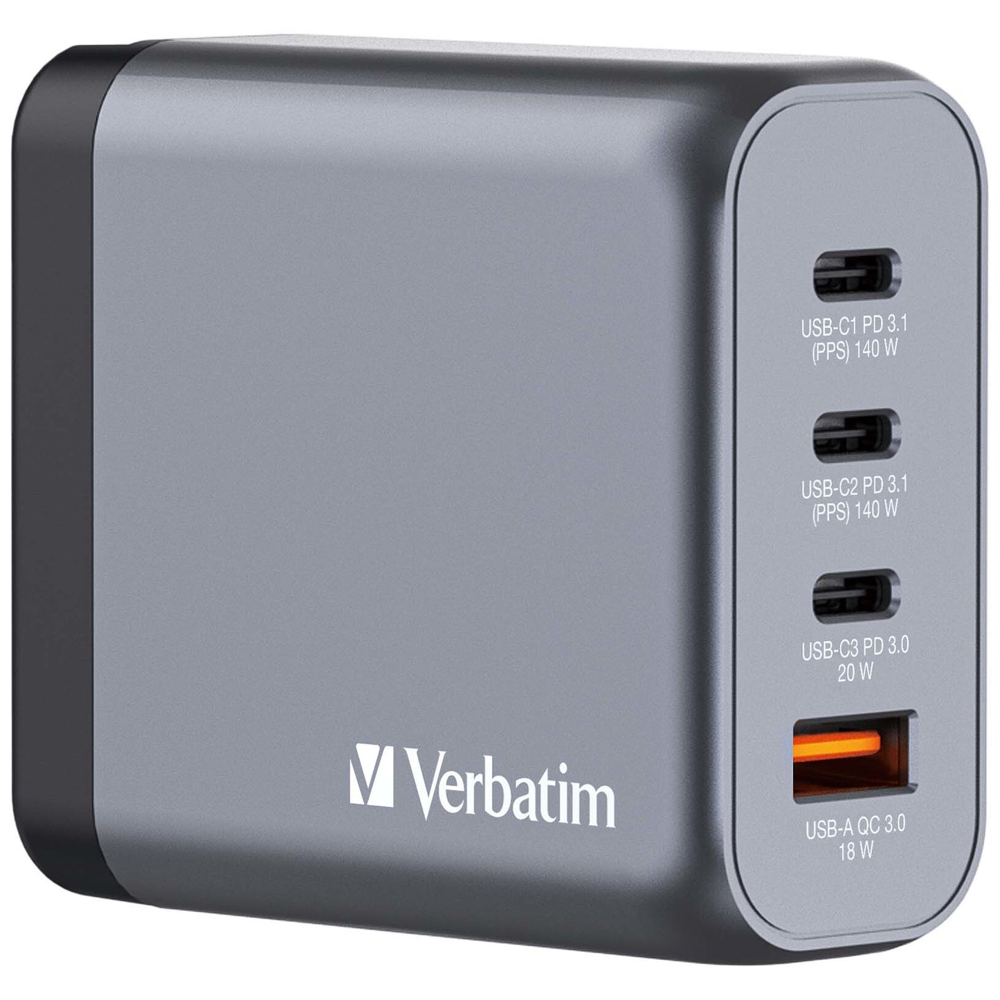 Verbatim GNC-140 GaN Charger 140W with 2 x USB-C PD 140W / 1 x USB-C PD 20W / 1 x USB-A QC 3.0 (EU/UK/US)