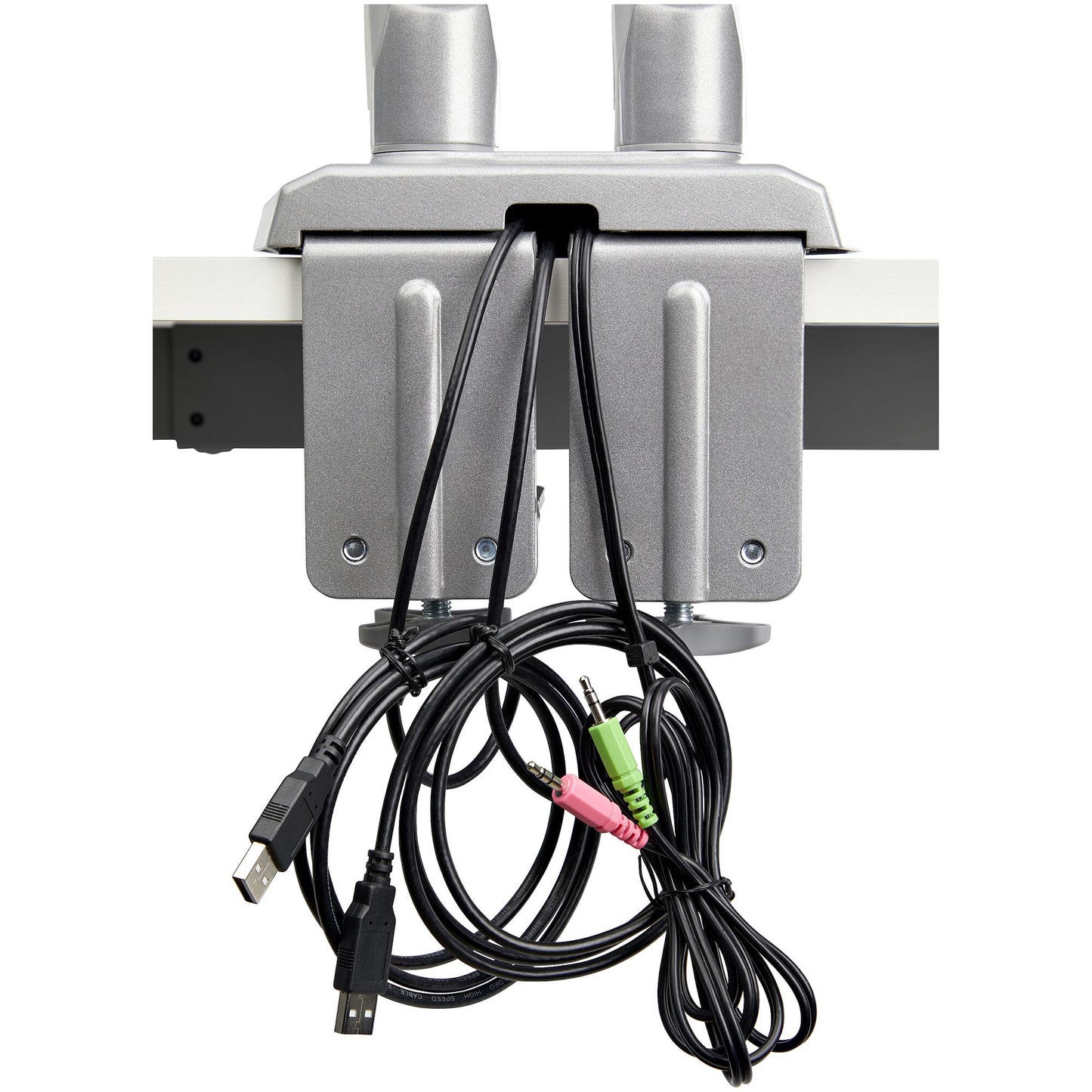 StarTech.com Desk Mount Dual Monitor Arm with USB & Audio, Desk Clamp VESA Mount for up to 32" (17.6lb/8kg) Displays, Ergonomic Full Motion Dual Monitor Arm - Silver