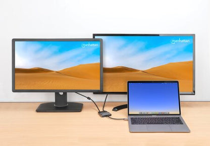 Manhattan USB-C Dock/Hub, Ports (x4): HDMI, USB-A, USB-C and VGA, with Power Delivery (PD) 87W- requires external USB-C charger (not included). USB powered (no external power supply required) when PD is not in use, Aluminium