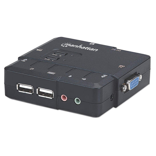 Manhattan KVM Switch Compact 2-Port, 2x USB-A, Cables included, Audio Support, Control 2x computers from one pc/mouse/screen, Black, Lifetime Warranty, Boxed