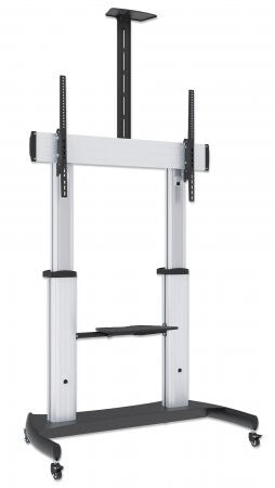 Manhattan TV & Monitor Mount, Trolley Stand, 1 screen, Screen Sizes: 60-100", Silver/Black, VESA 200x200 to 800x600mm, Max 100kg, Height adjustable 1200 to 1685mm, Camera and AV shelves, Aluminium, LFD, Lifetime Warranty