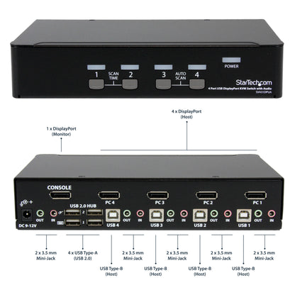 StarTech.com 4 Port DisplayPort KVM Switch - 4K 60Hz - Single Display - Dual Port UHD DP 1.2 USB KVM Switch with Integrated USB 2.0 Hub & Audio - Dell, HP, Apple, Lenovo - TAA Compliant