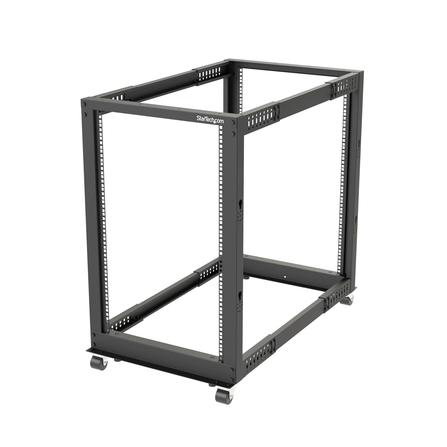 StarTech.com 4-Post 18U Mobile Open Frame Server Rack, Four Post 19" Network Rack with Wheels, Rolling Rack with Adjustable Depth for Computer/AV/Data/IT Equipment - Casters, Leveling Feet or Floor Mounting