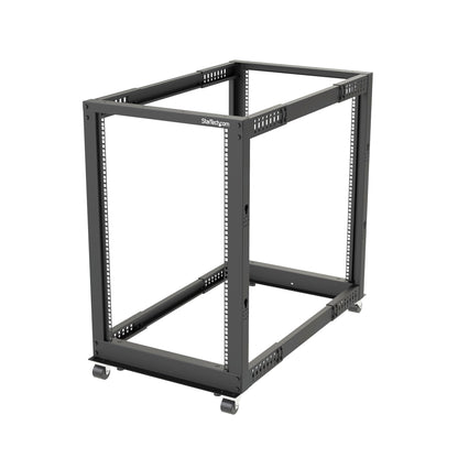 StarTech.com 4-Post 18U Mobile Open Frame Server Rack, Four Post 19" Network Rack with Wheels, Rolling Rack with Adjustable Depth for Computer/AV/Data/IT Equipment - Casters, Leveling Feet or Floor Mounting
