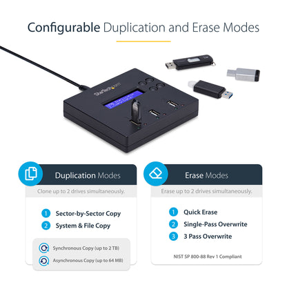 StarTech.com Standalone 1 to 2 USB Thumb Drive Duplicator and Eraser, Multiple USB Flash Drive Copier, System and File and Whole-Drive Copy at 1.5 GB/min, Single and 3-Pass Erase, LCD Display - TAA