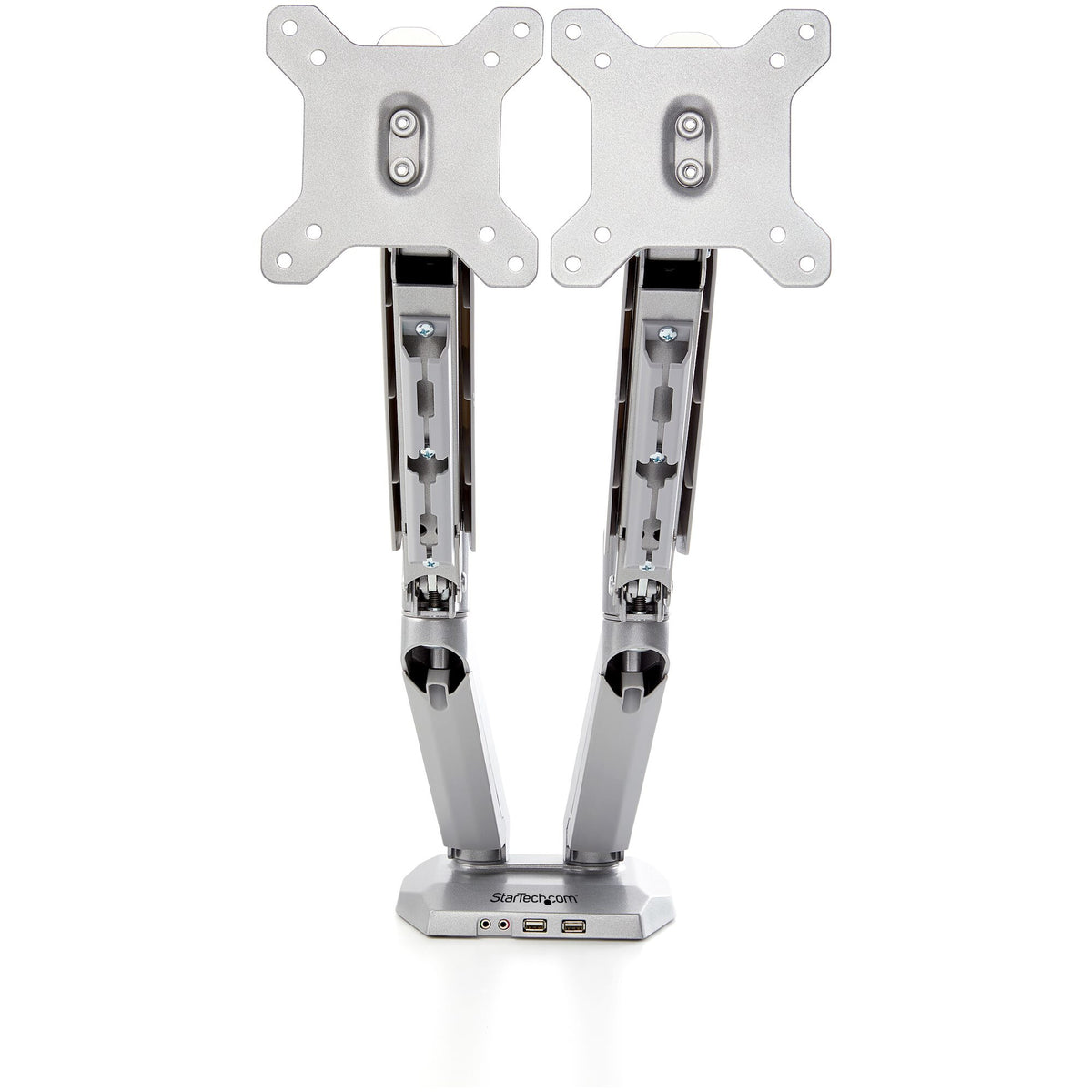 StarTech.com Desk Mount Dual Monitor Arm with USB & Audio, Desk Clamp VESA Mount for up to 32" (17.6lb/8kg) Displays, Ergonomic Full Motion Dual Monitor Arm - Silver