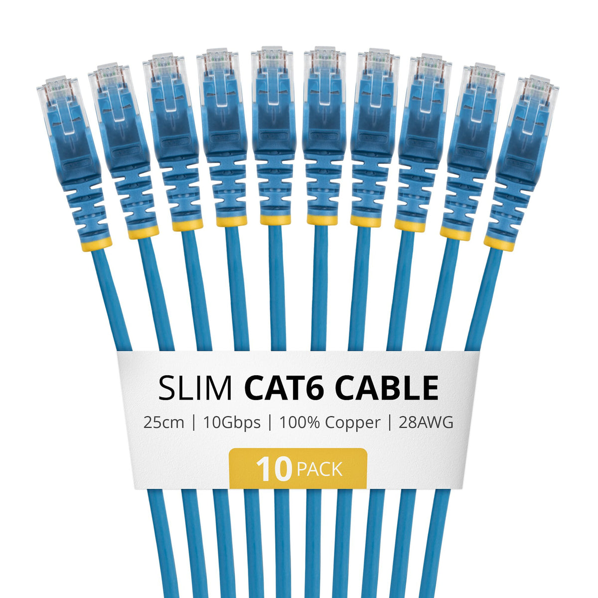 StarTech.com 25cm Blue Slim CAT6 Cable, 10 Pack, Snagless, 100W PoE, UTP, LSZH, 28AWG Pure Bare Copper Wire, Slim RJ45 Network Patch Cord w/Strain Reliefs, Individually Tested