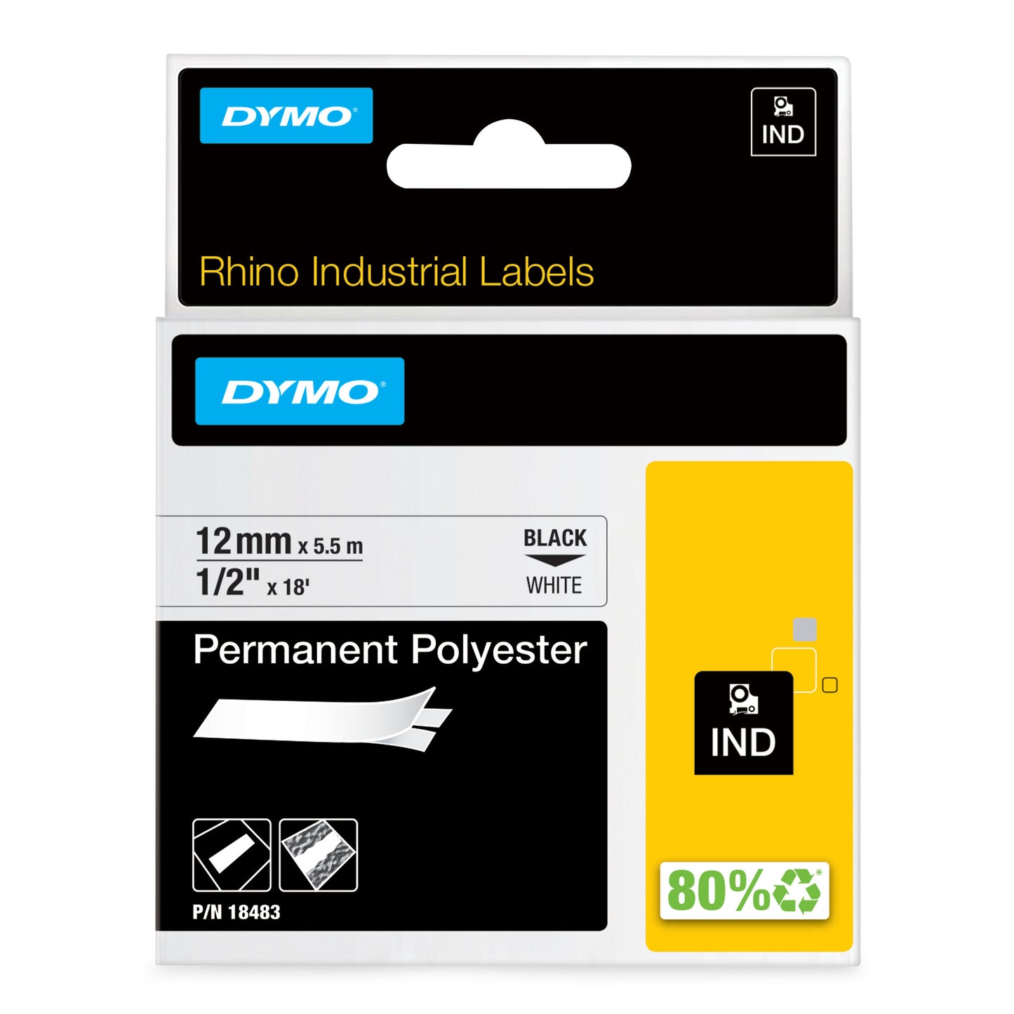 DYMO Rhino Industrial Permanent Polyester Labels | 12 mm x 5.5 m | Black Print on White | Self-Adhesive | for Rhino & LabelManager Label Makers