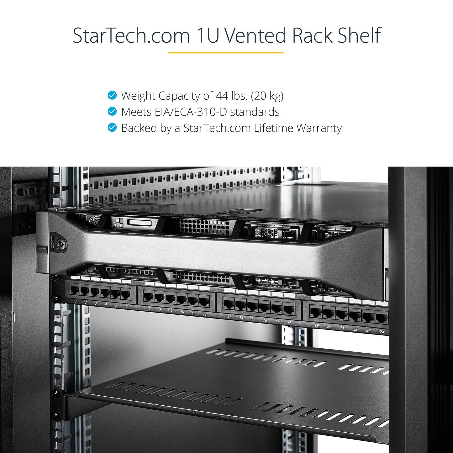 StarTech.com 2-Pack 1U Server Rack Shelf, Vented Rackmount Cantilever Tray for 19" Network Rack or Cabinet, Heavy-Duty 10" (25cm) Deep, Up to 44lb (20kg) Each